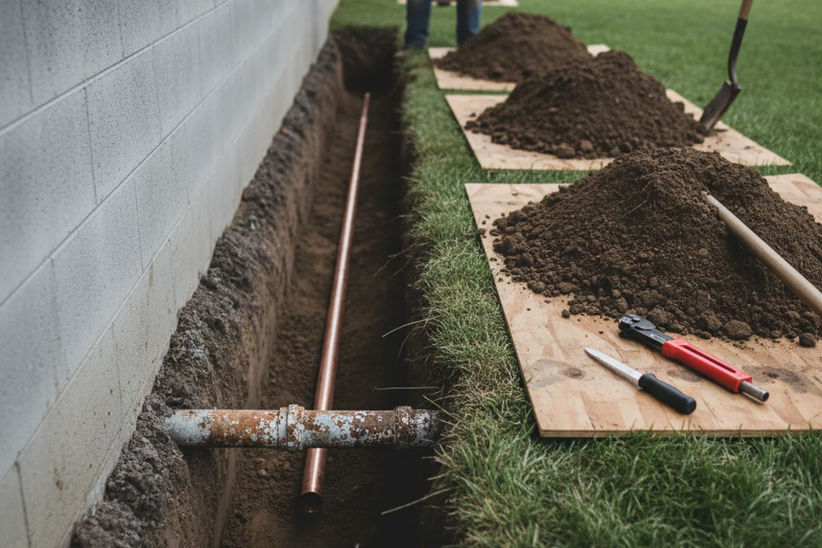 Excavated water line trench during Water Heater Repair in Freeland